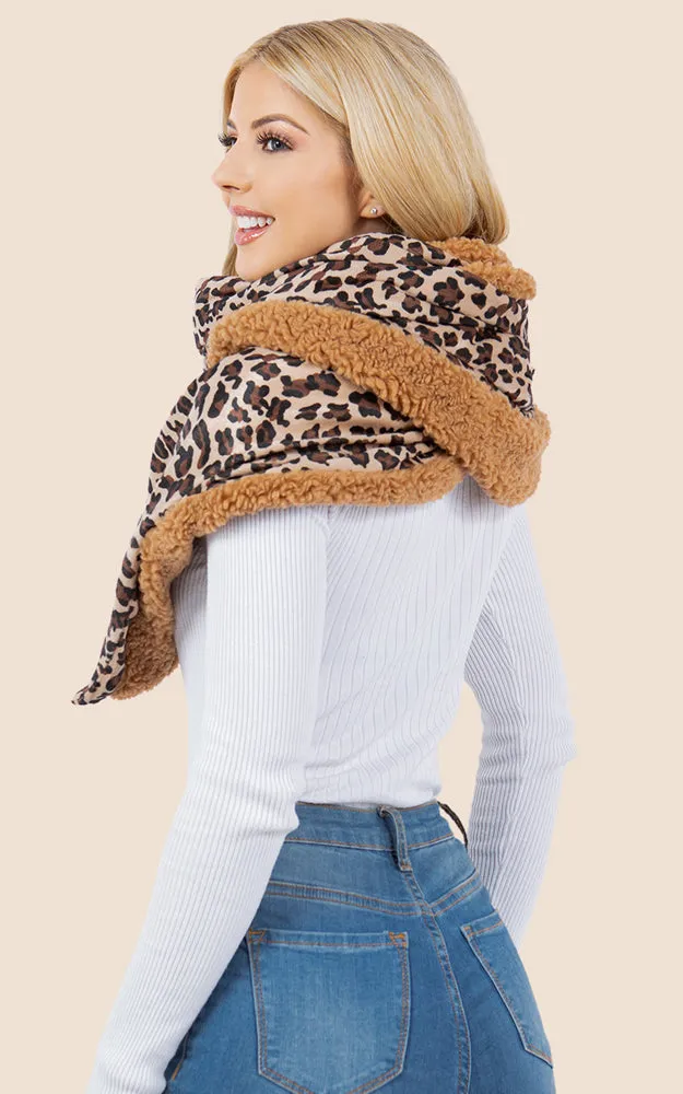 SA4280 Leopard Pattern Fur Trim Buckle Warmer Scarf