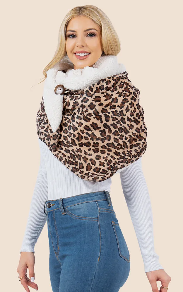 SA4280 Leopard Pattern Fur Trim Buckle Warmer Scarf