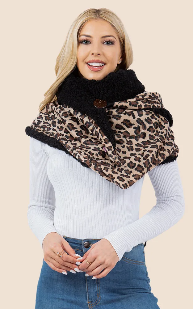 SA4280 Leopard Pattern Fur Trim Buckle Warmer Scarf