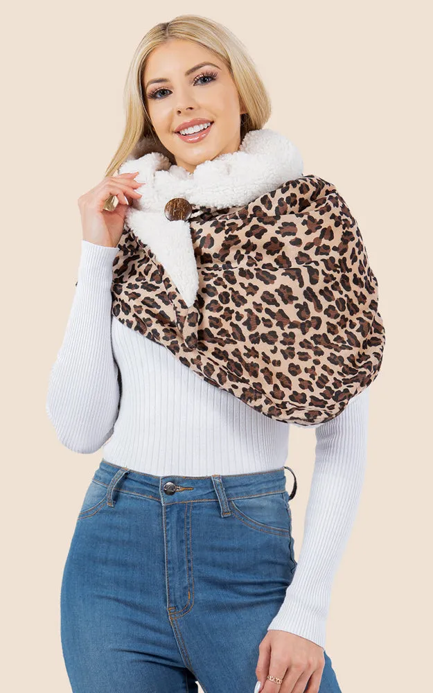 SA4280 Leopard Pattern Fur Trim Buckle Warmer Scarf