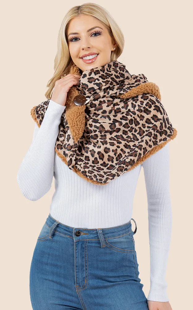 SA4280 Leopard Pattern Fur Trim Buckle Warmer Scarf
