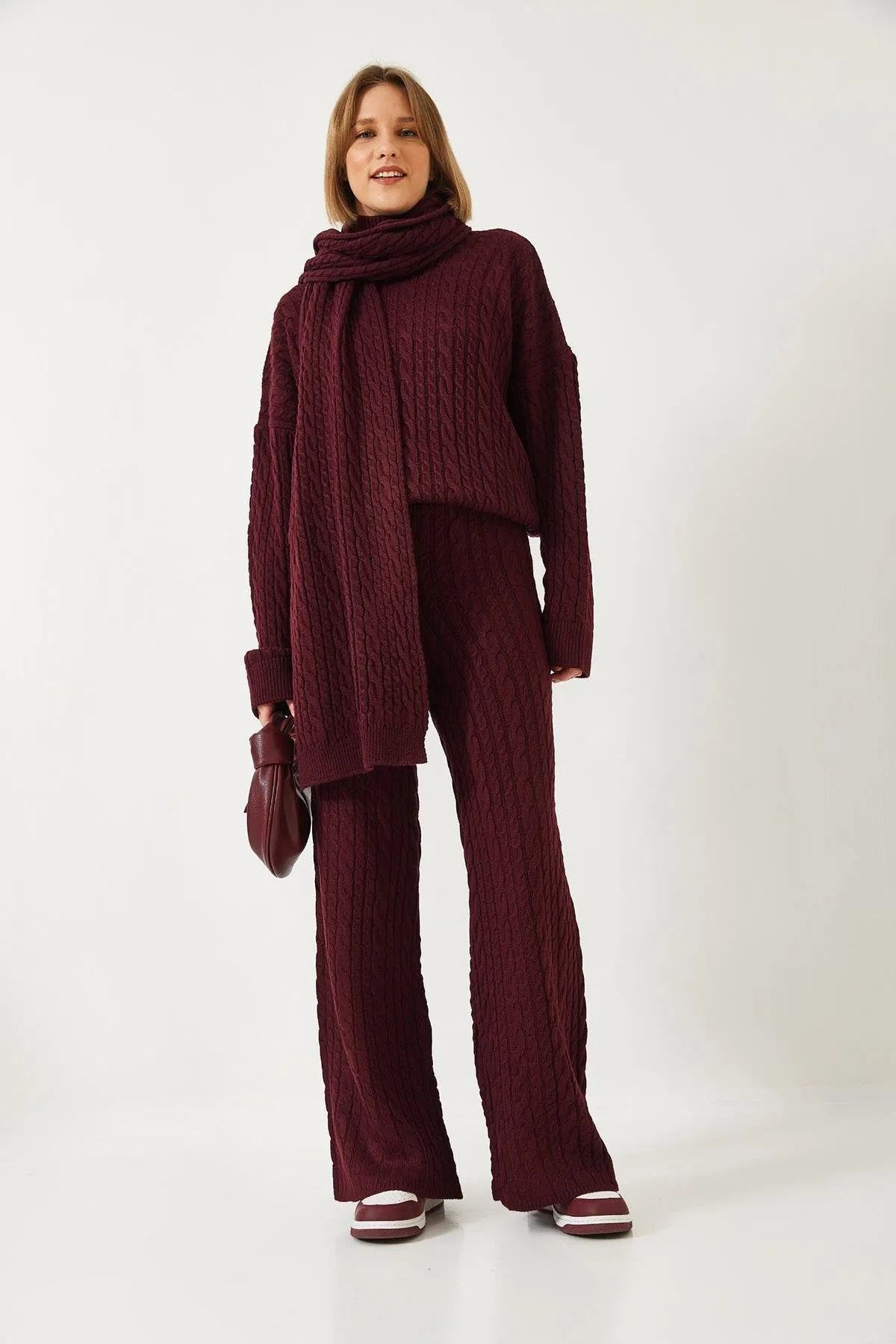 Scarfed Cable Knit Premium Cotton Turtleneck 3-Piece Set - Burgundy