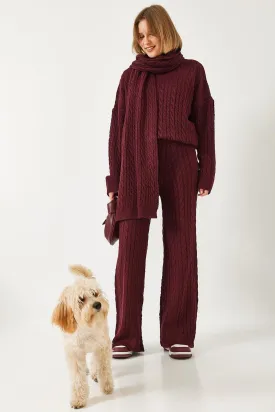 Scarfed Cable Knit Premium Cotton Turtleneck 3-Piece Set - Burgundy