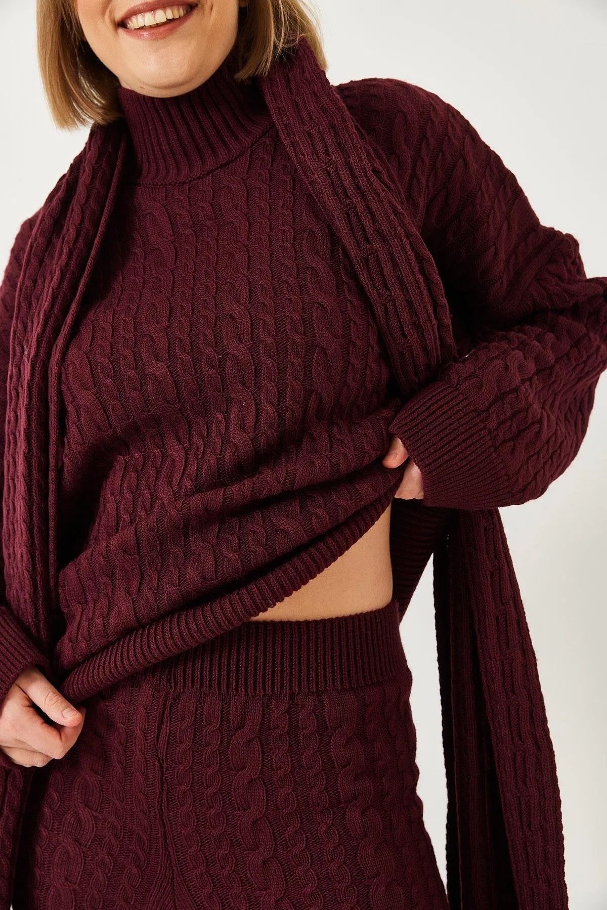 Scarfed Cable Knit Premium Cotton Turtleneck 3-Piece Set - Burgundy