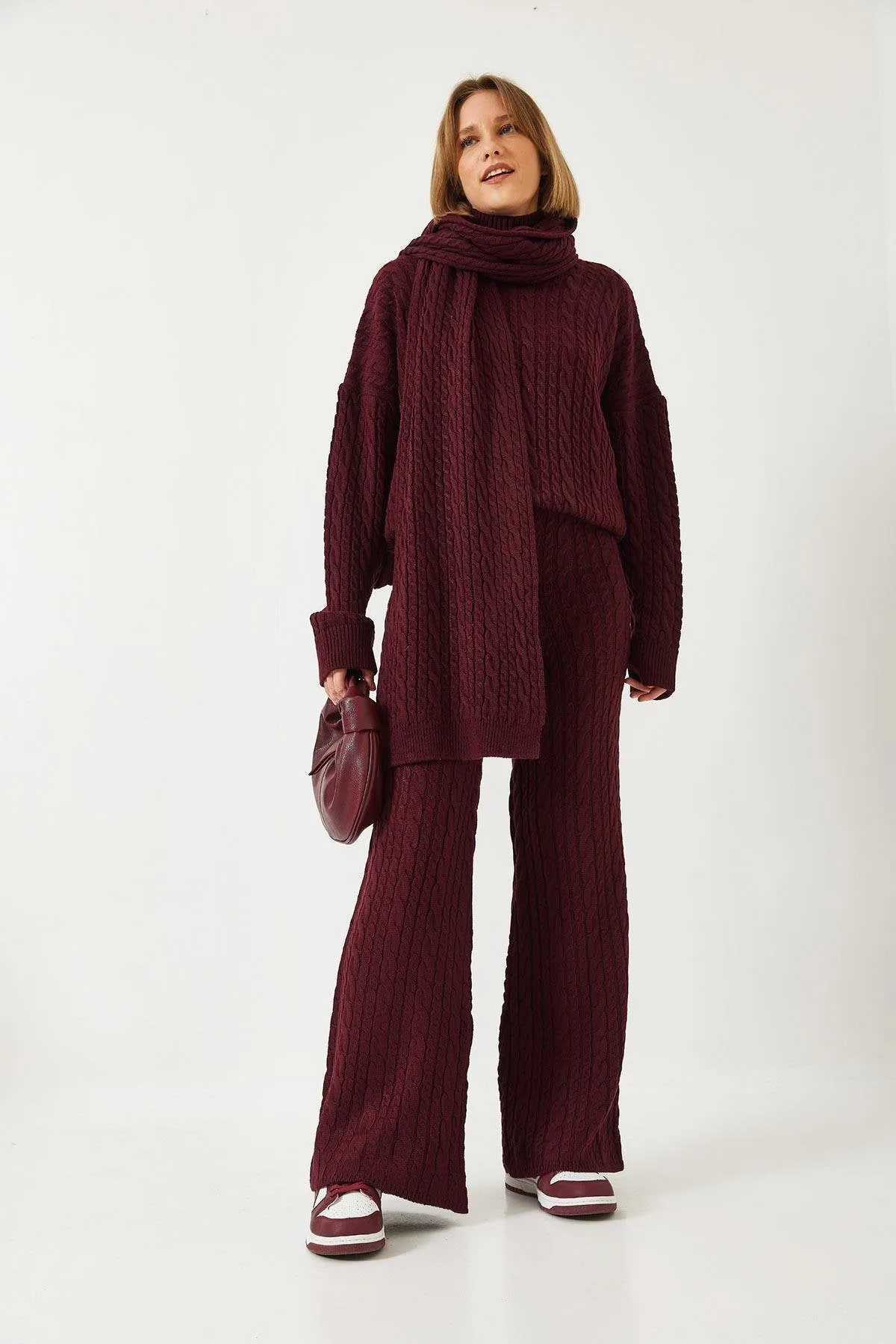 Scarfed Cable Knit Premium Cotton Turtleneck 3-Piece Set - Burgundy