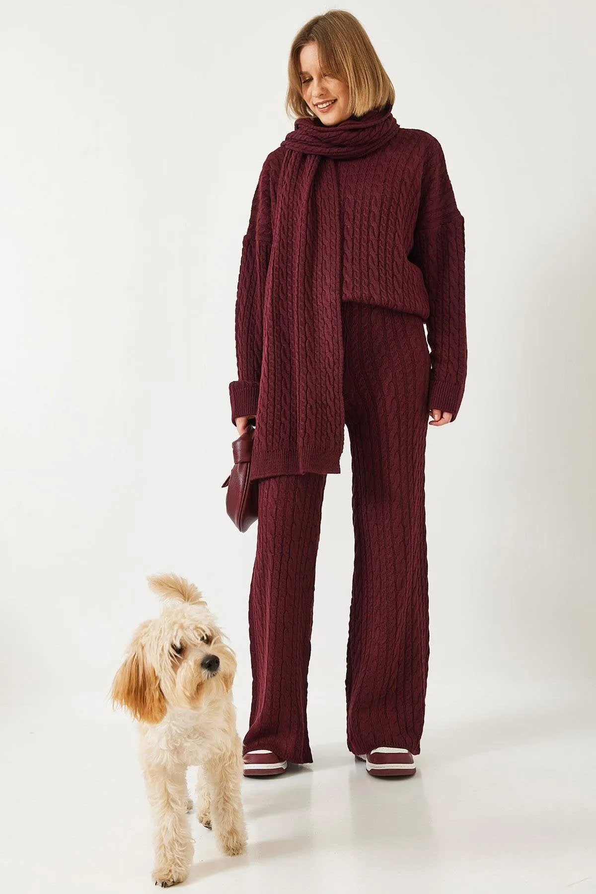 Scarfed Cable Knit Premium Cotton Turtleneck 3-Piece Set - Burgundy