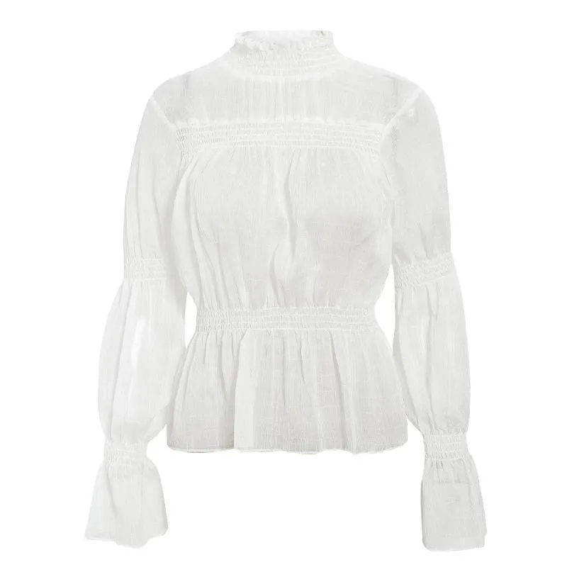 See-through Chiffon Sexy White Holiday Long Sleeve Spring Women's Blouse Shirt