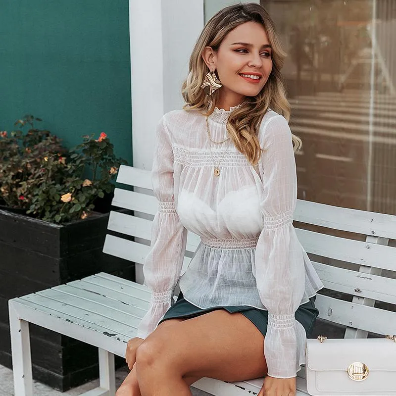 See-through Chiffon Sexy White Holiday Long Sleeve Spring Women's Blouse Shirt