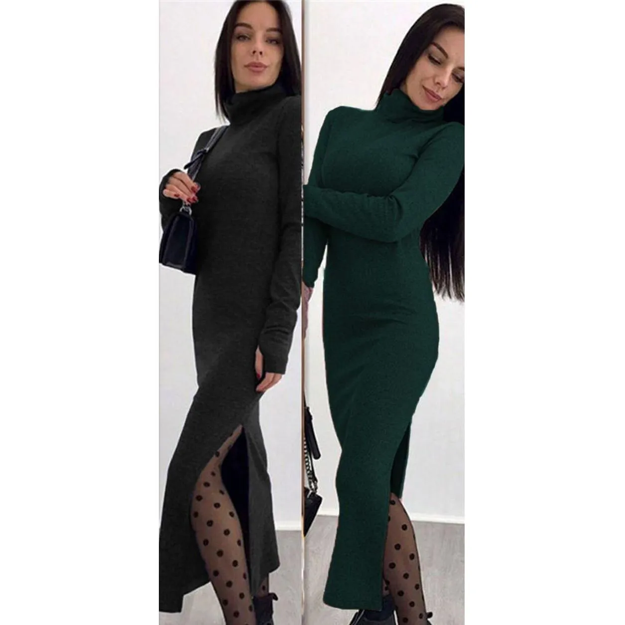 Side Slit Turtleneck Dress