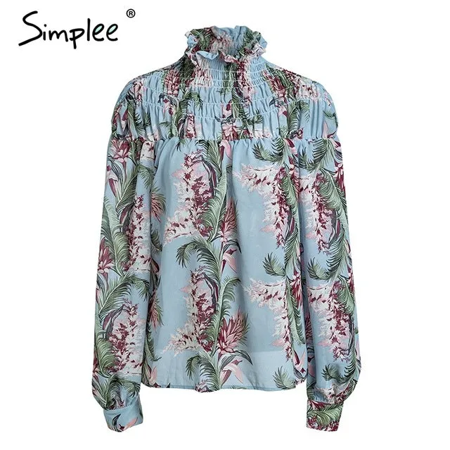 Simplee Floral print turtleneck lantern sleeve blouse shirt women Casual ruffles chiffon blouse Elegant summer blouse fashion