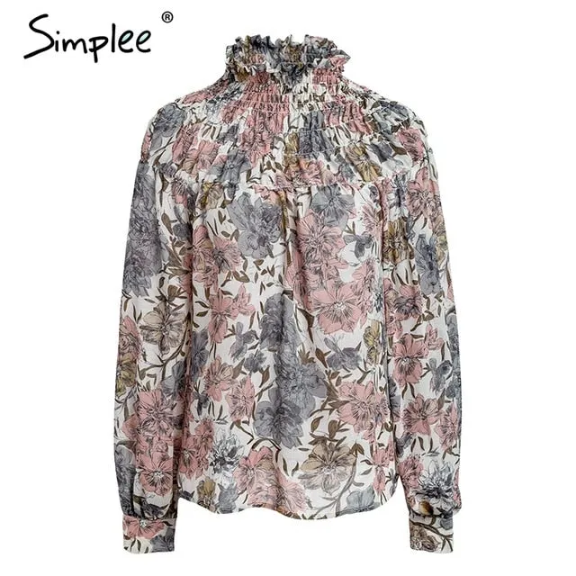 Simplee Floral print turtleneck lantern sleeve blouse shirt women Casual ruffles chiffon blouse Elegant summer blouse fashion