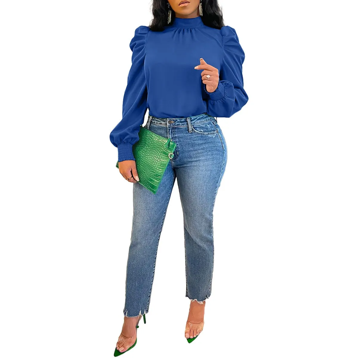 Stand Neck Puff Long Sleeve Blouse
