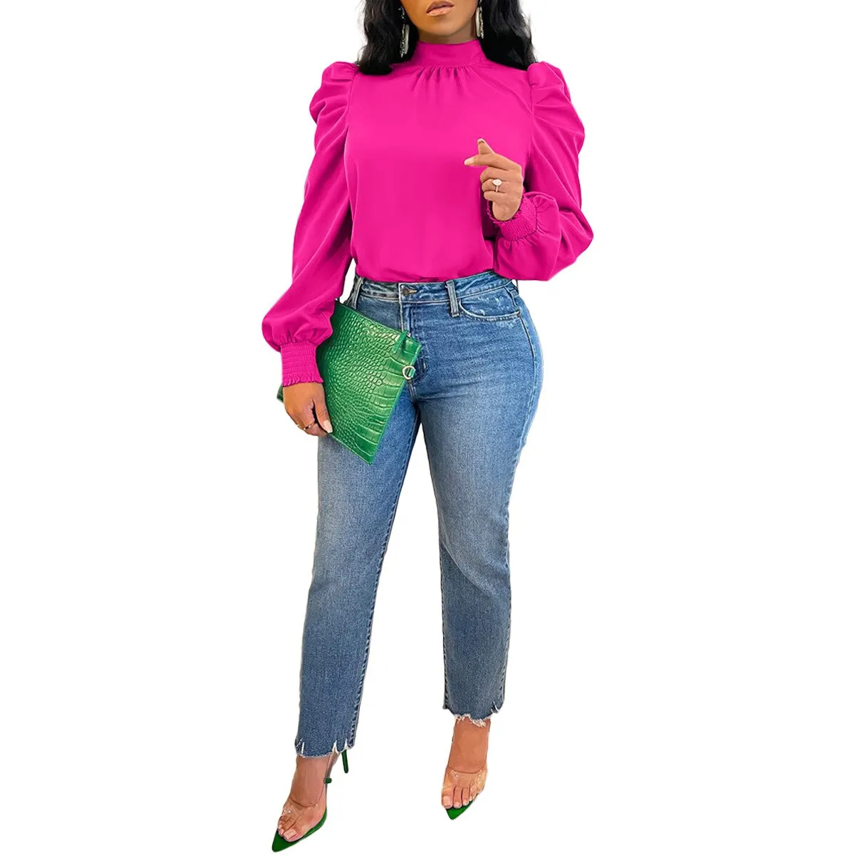 Stand Neck Puff Long Sleeve Blouse