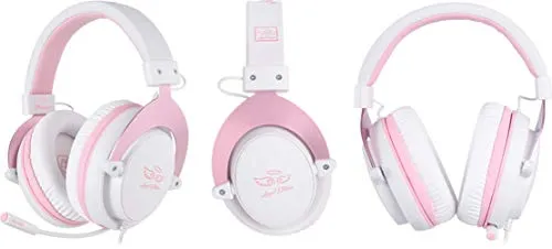Stereo Gaming Headset, Noise Cancelling Over Ear Headphone w/Flexible Mic and Soft Earmuffs, Pink and White