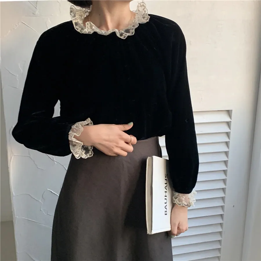 Stitching Lace Long Sleeve Loose Shirt