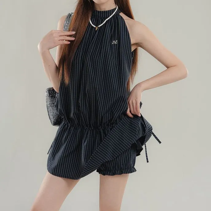 Striped Elastic Waist Dress Flower Bud Shorts Set