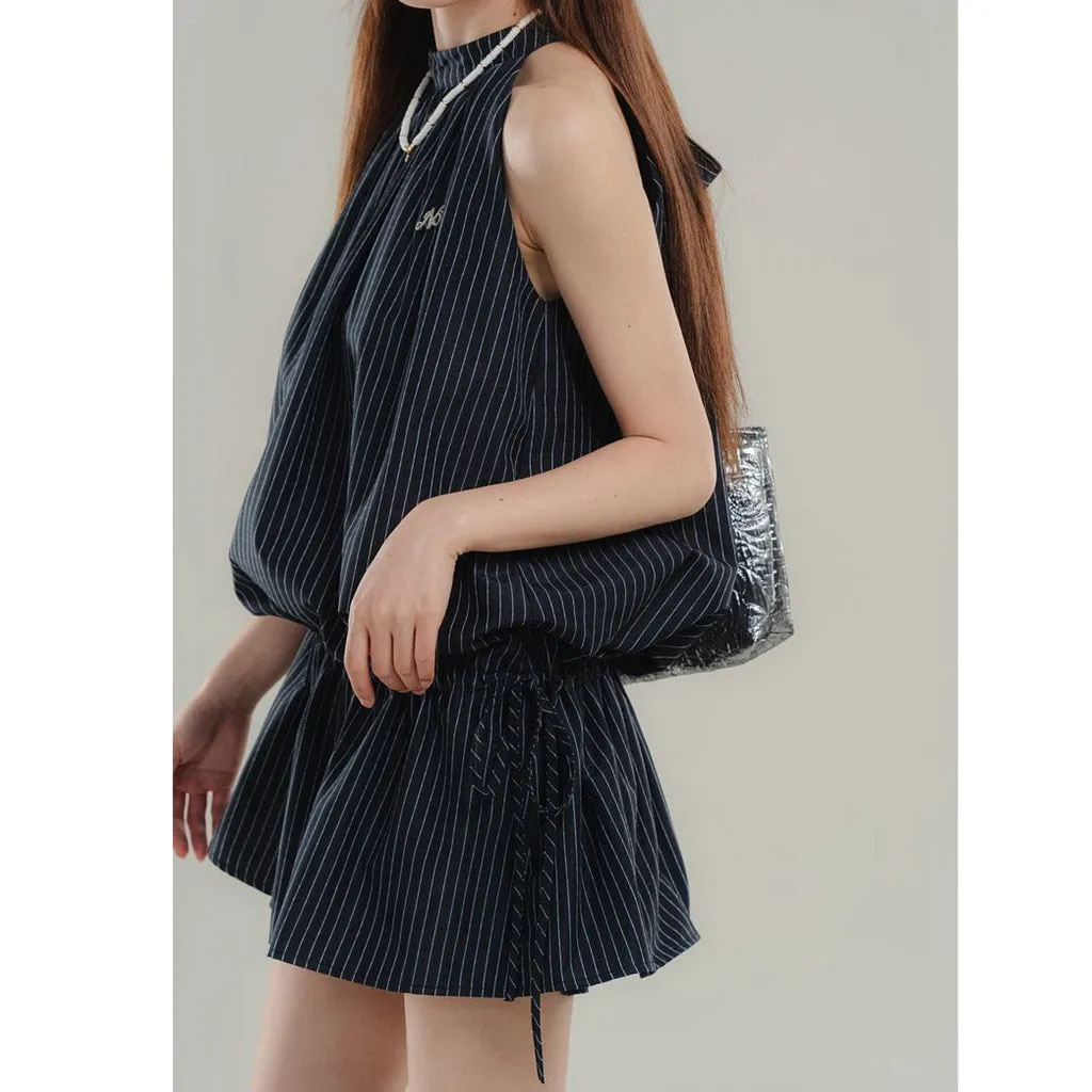 Striped Elastic Waist Dress Flower Bud Shorts Set