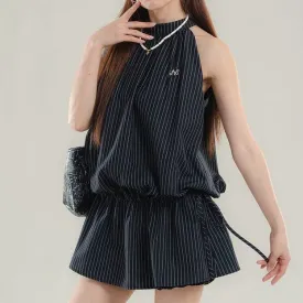 Striped Elastic Waist Dress Flower Bud Shorts Set
