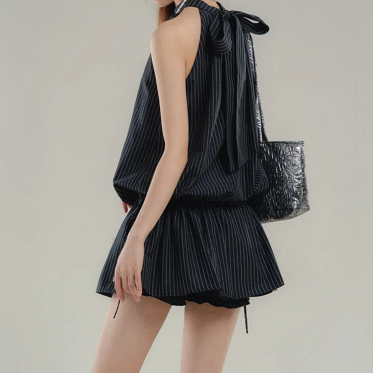 Striped Elastic Waist Dress Flower Bud Shorts Set