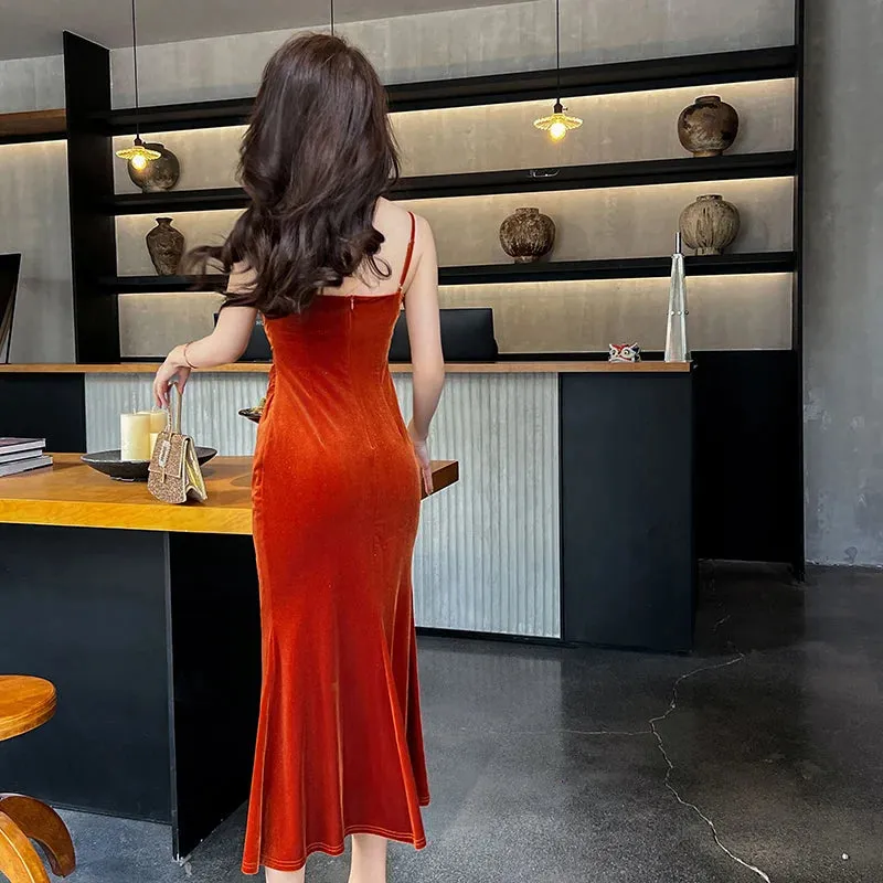 Trend4us Backless Velvet Slip Fishtail Dress