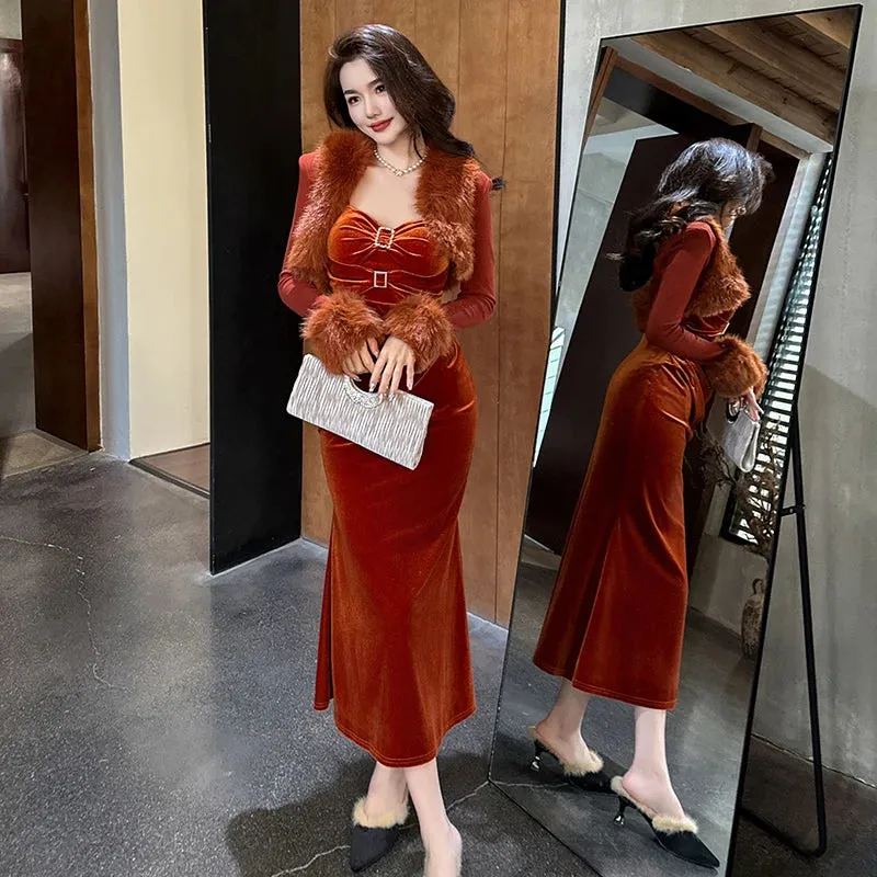 Trend4us Backless Velvet Slip Fishtail Dress