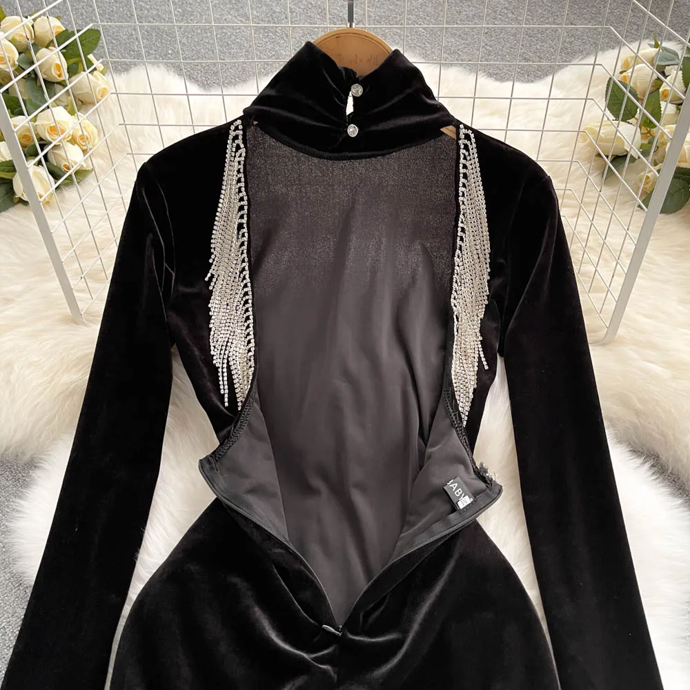 Turtleneck Velvet Open Back Dress