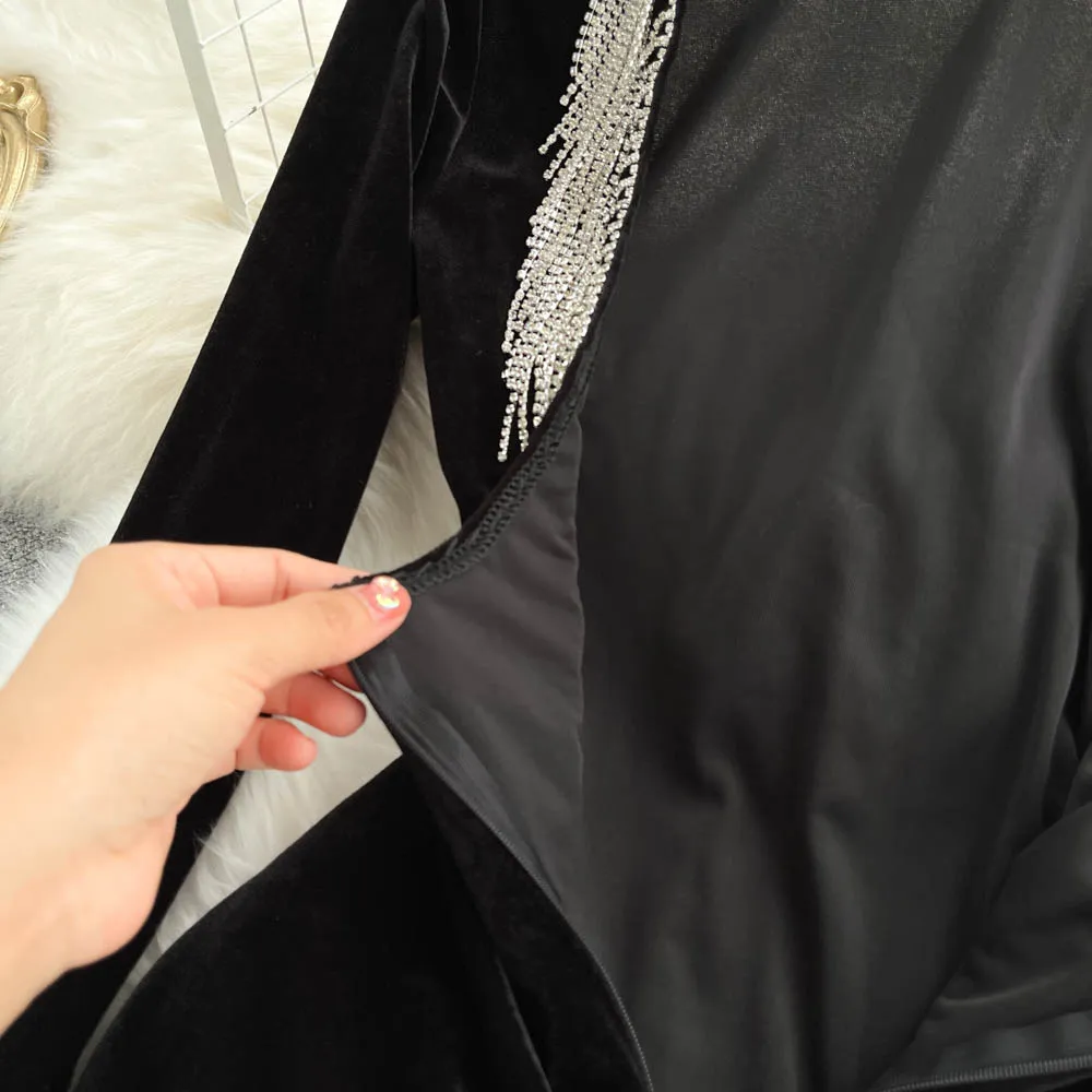 Turtleneck Velvet Open Back Dress