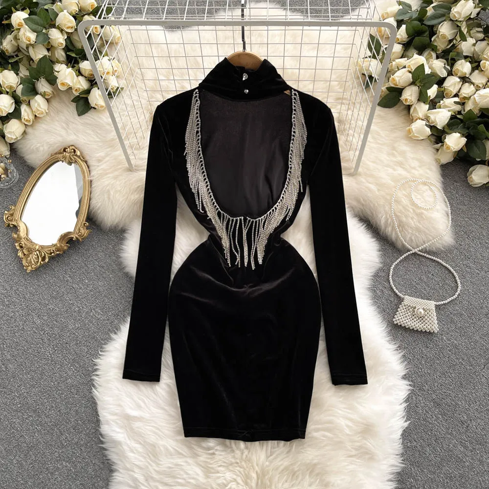 Turtleneck Velvet Open Back Dress
