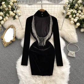 Turtleneck Velvet Open Back Dress