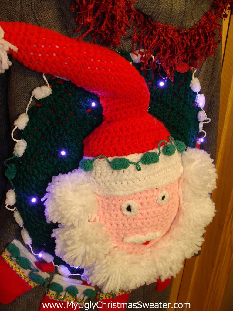 Ugly Christmas Sweater Party Tacky Dress with Lights and Crotcheted Santa (d47)