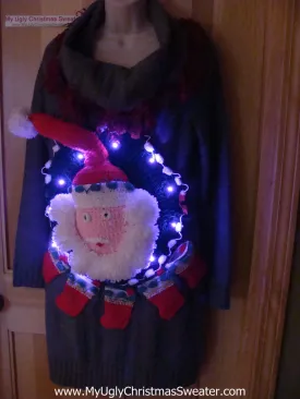 Ugly Christmas Sweater Party Tacky Dress with Lights and Crotcheted Santa (d47)