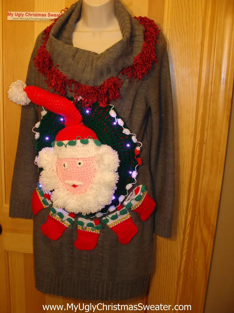 Ugly Christmas Sweater Party Tacky Dress with Lights and Crotcheted Santa (d47)