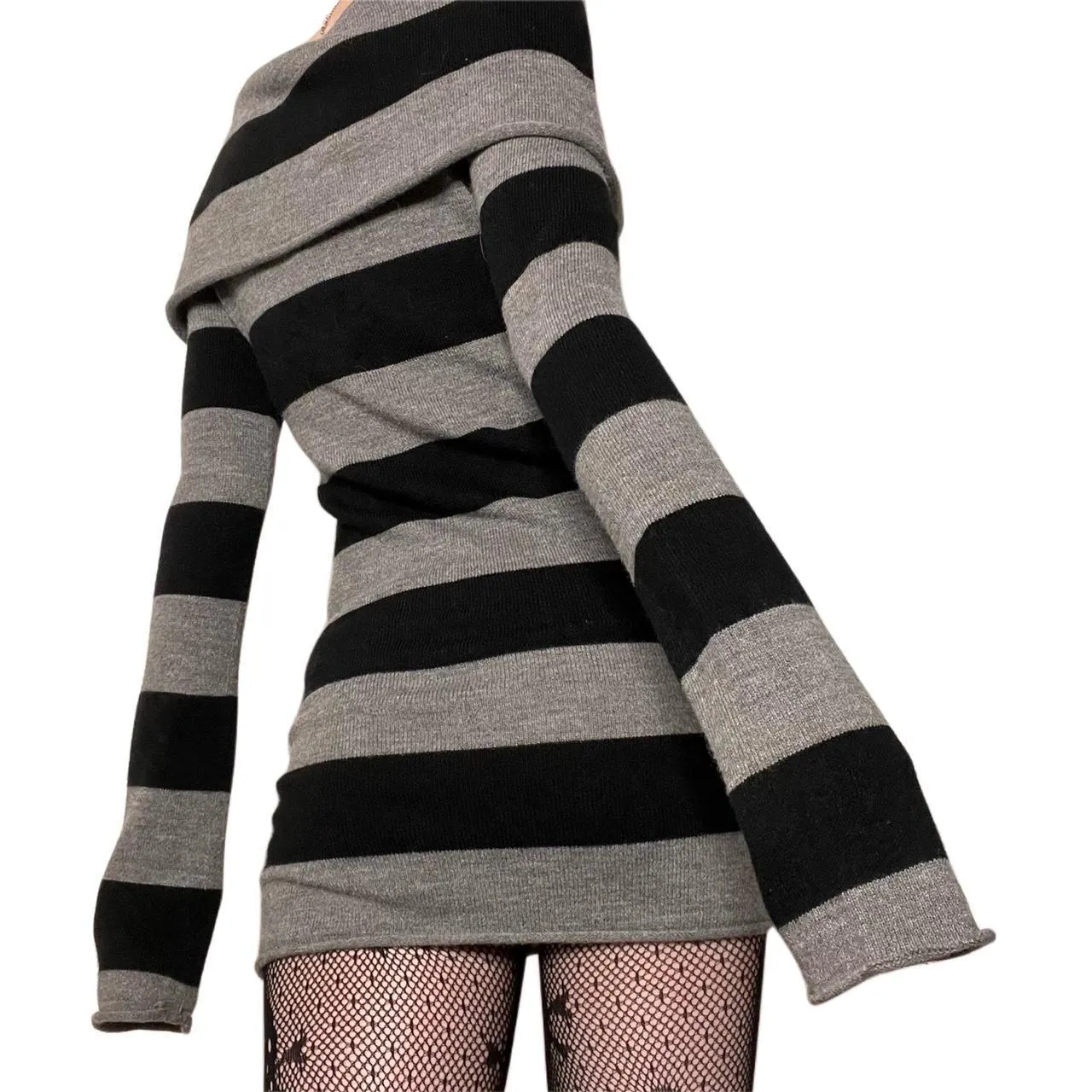 Wenkouban masc outfits Winter outfits Christmas outfits Y2K Striped Lapel off-Shoulder Slim Long Knitted Sweater Dress