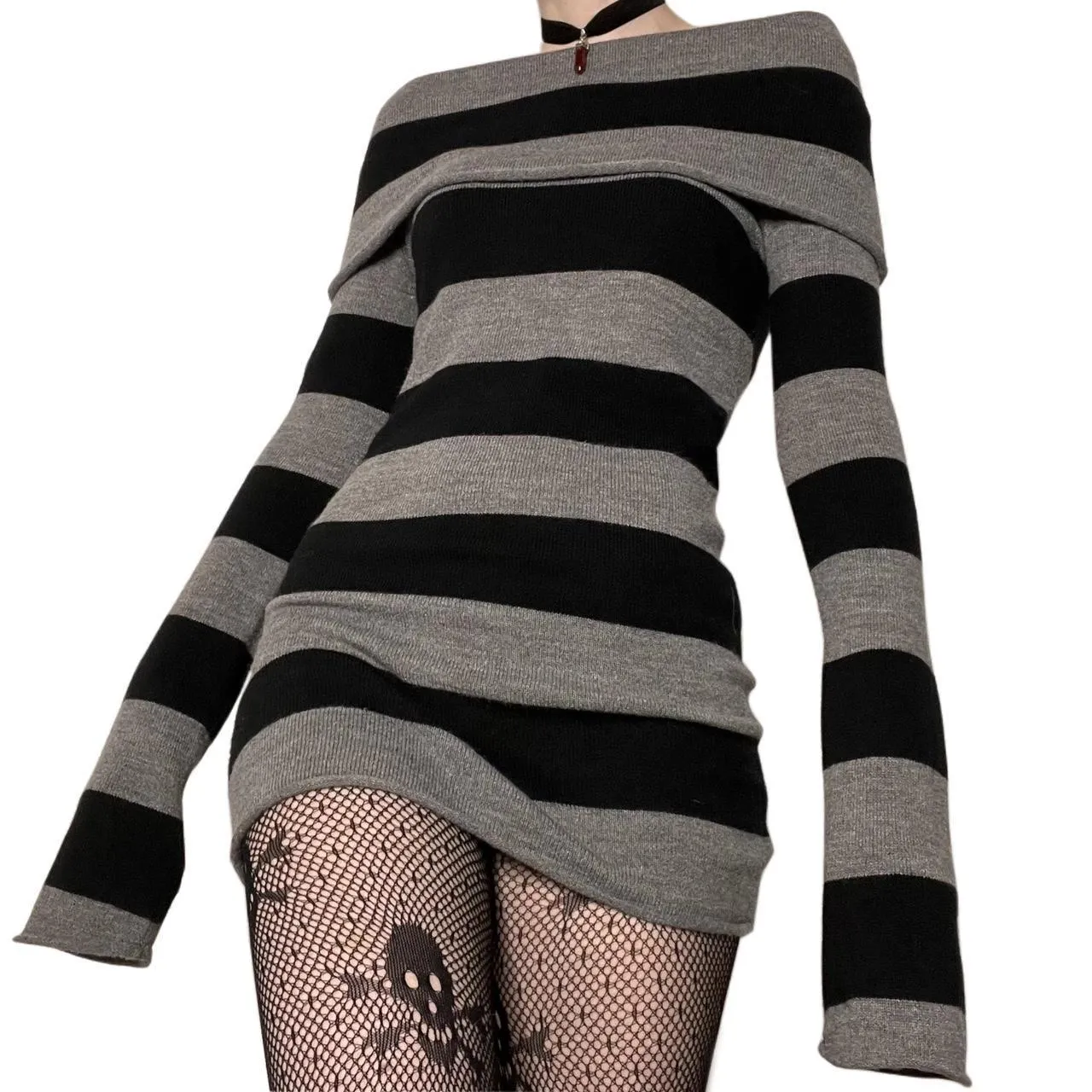 Wenkouban masc outfits Winter outfits Christmas outfits Y2K Striped Lapel off-Shoulder Slim Long Knitted Sweater Dress
