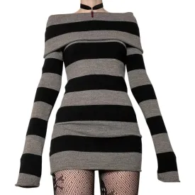Wenkouban masc outfits Winter outfits Christmas outfits Y2K Striped Lapel off-Shoulder Slim Long Knitted Sweater Dress