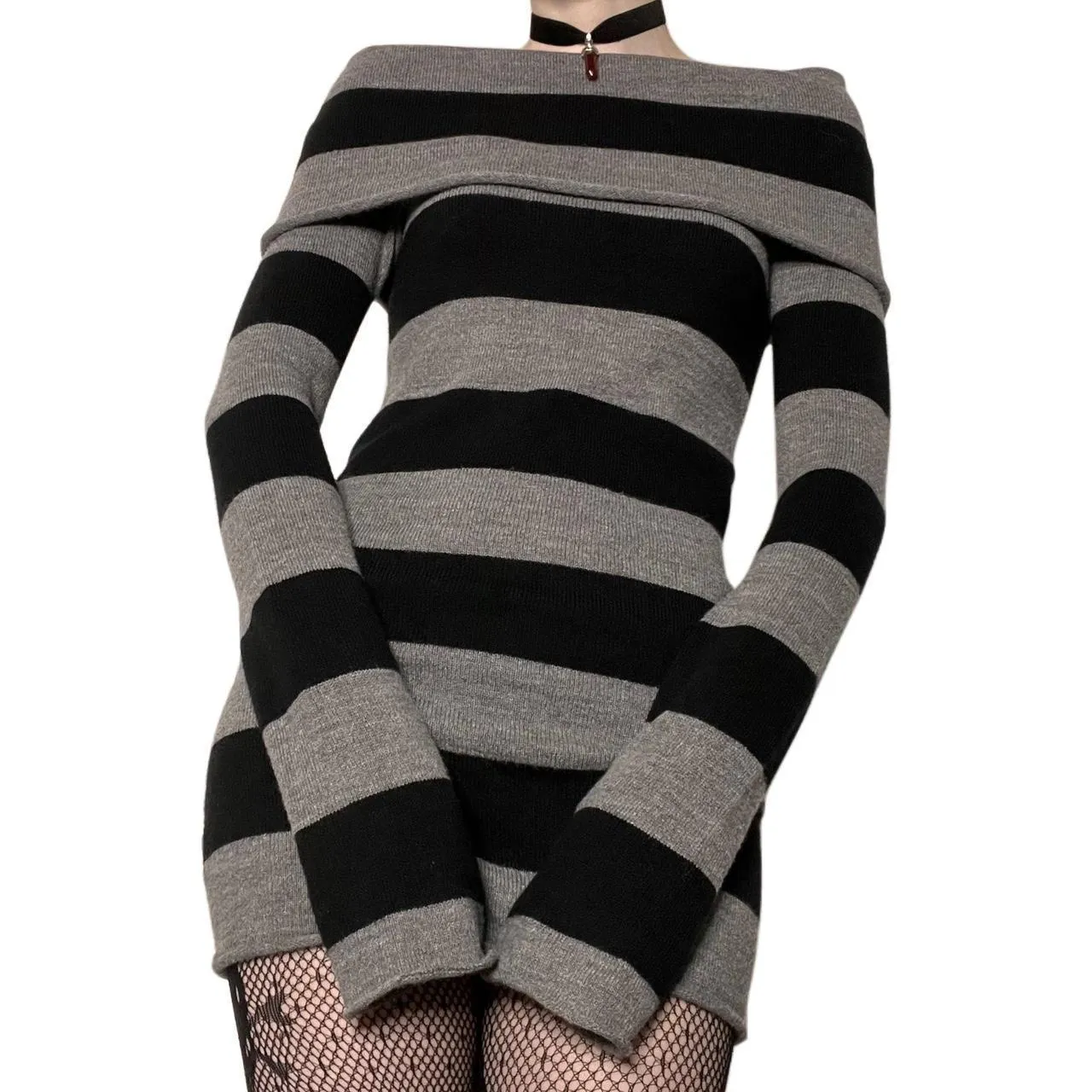 Wenkouban masc outfits Winter outfits Christmas outfits Y2K Striped Lapel off-Shoulder Slim Long Knitted Sweater Dress