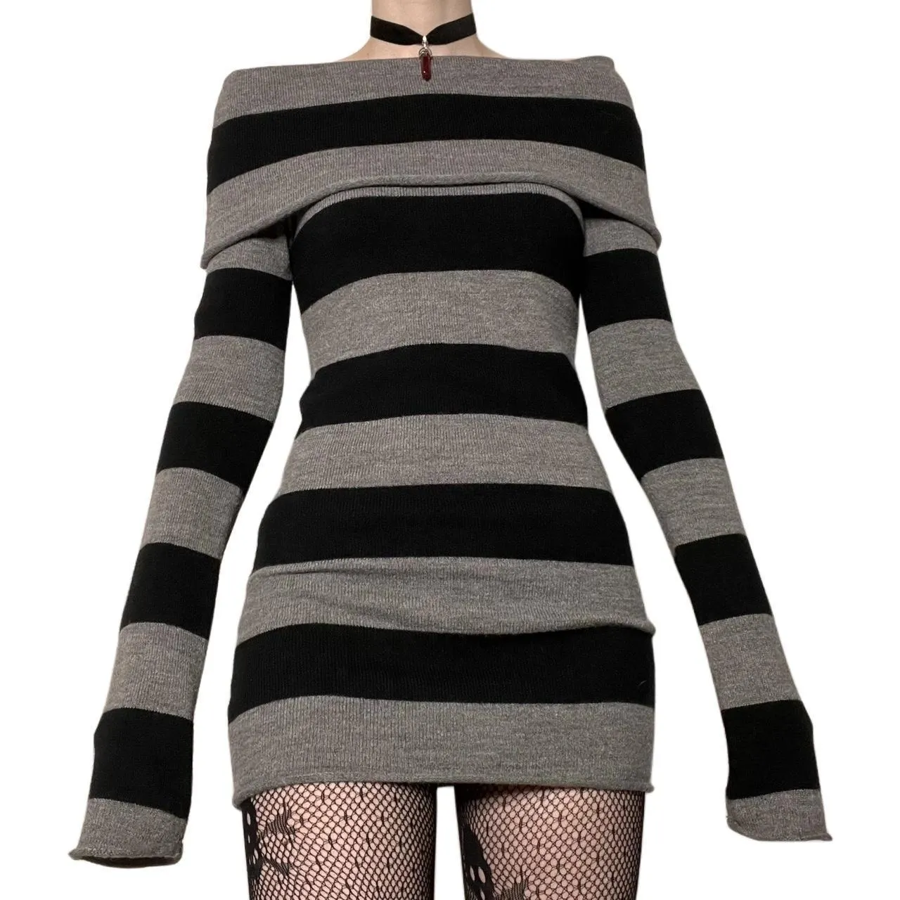 Wenkouban masc outfits Winter outfits Christmas outfits Y2K Striped Lapel off-Shoulder Slim Long Knitted Sweater Dress