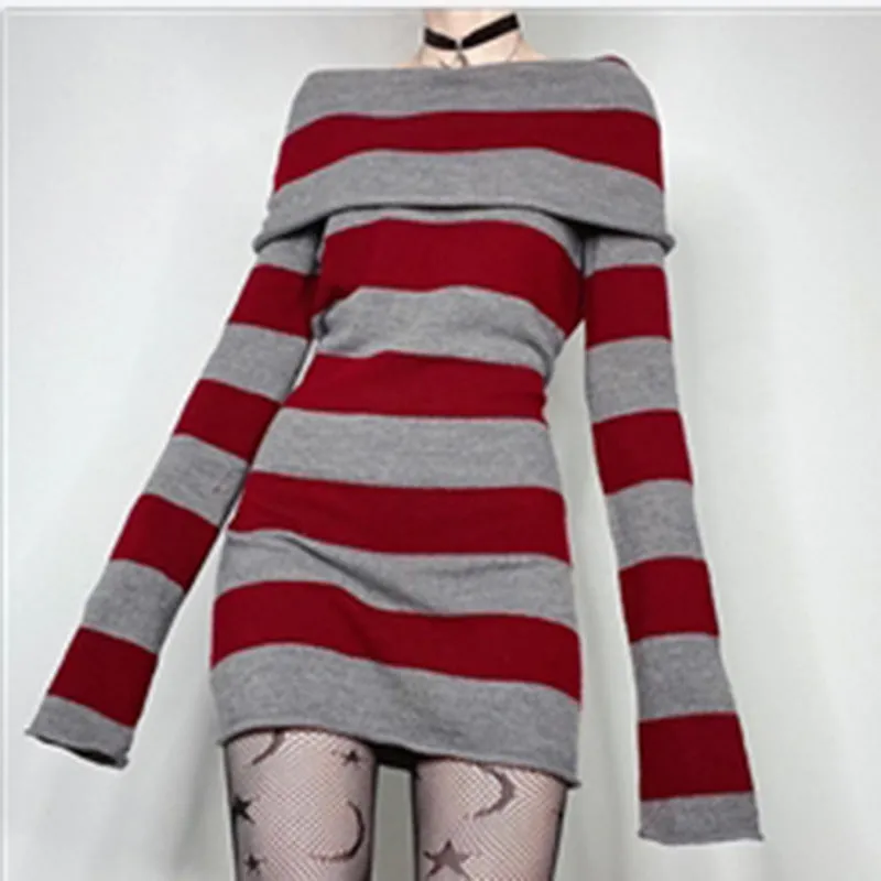 Wenkouban masc outfits Winter outfits Christmas outfits Y2K Striped Lapel off-Shoulder Slim Long Knitted Sweater Dress