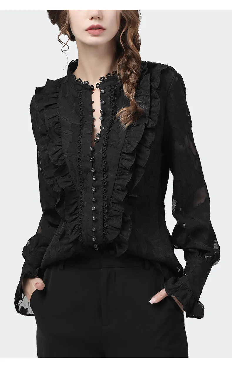 Wjczt Flared Sleeve Lace Tops Women Autumn New Fashion Long Sleeved Ruffles Mesh Shirts Loose Plus Size Female Causal Office Blouses
