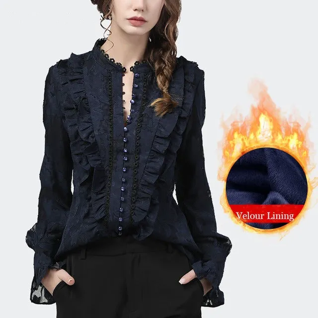 Wjczt Flared Sleeve Lace Tops Women Autumn New Fashion Long Sleeved Ruffles Mesh Shirts Loose Plus Size Female Causal Office Blouses