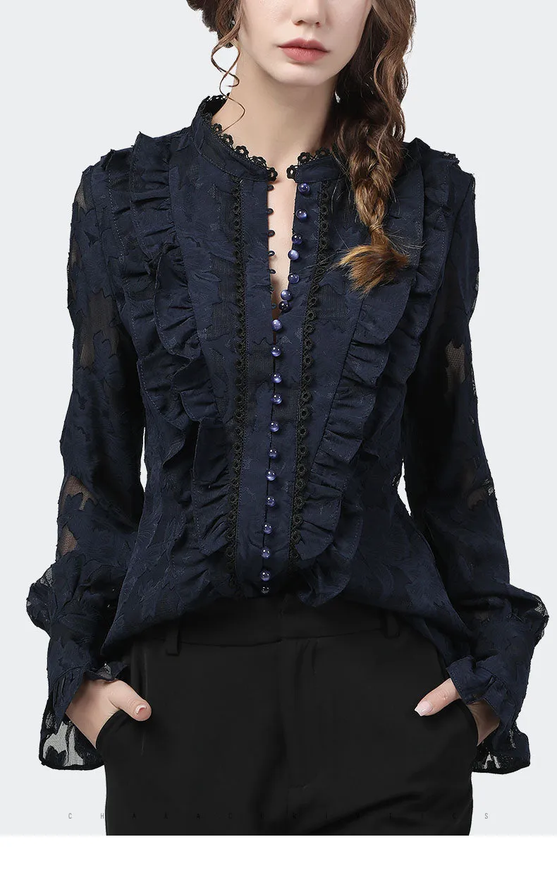 Wjczt Flared Sleeve Lace Tops Women Autumn New Fashion Long Sleeved Ruffles Mesh Shirts Loose Plus Size Female Causal Office Blouses