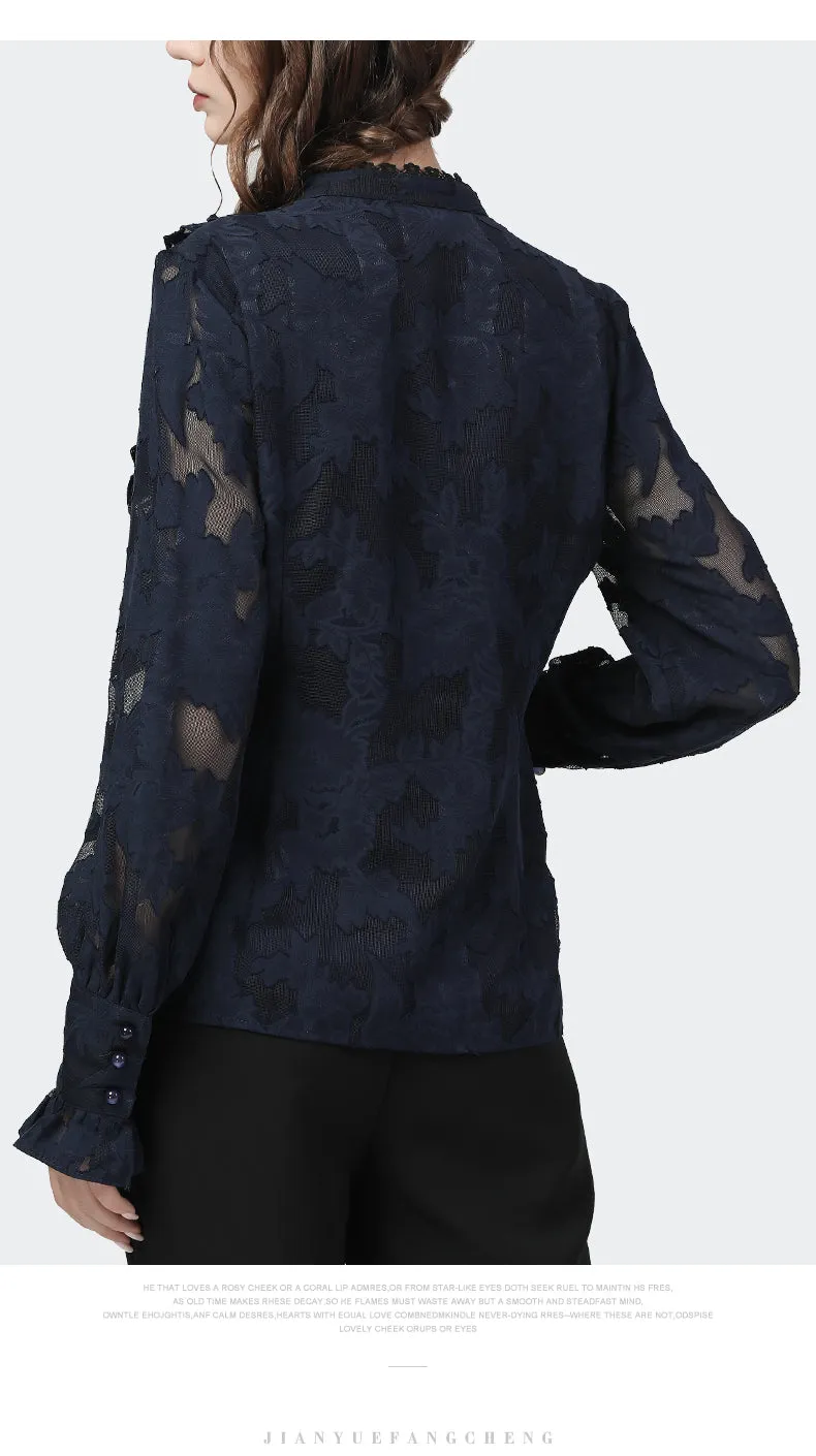 Wjczt Flared Sleeve Lace Tops Women Autumn New Fashion Long Sleeved Ruffles Mesh Shirts Loose Plus Size Female Causal Office Blouses