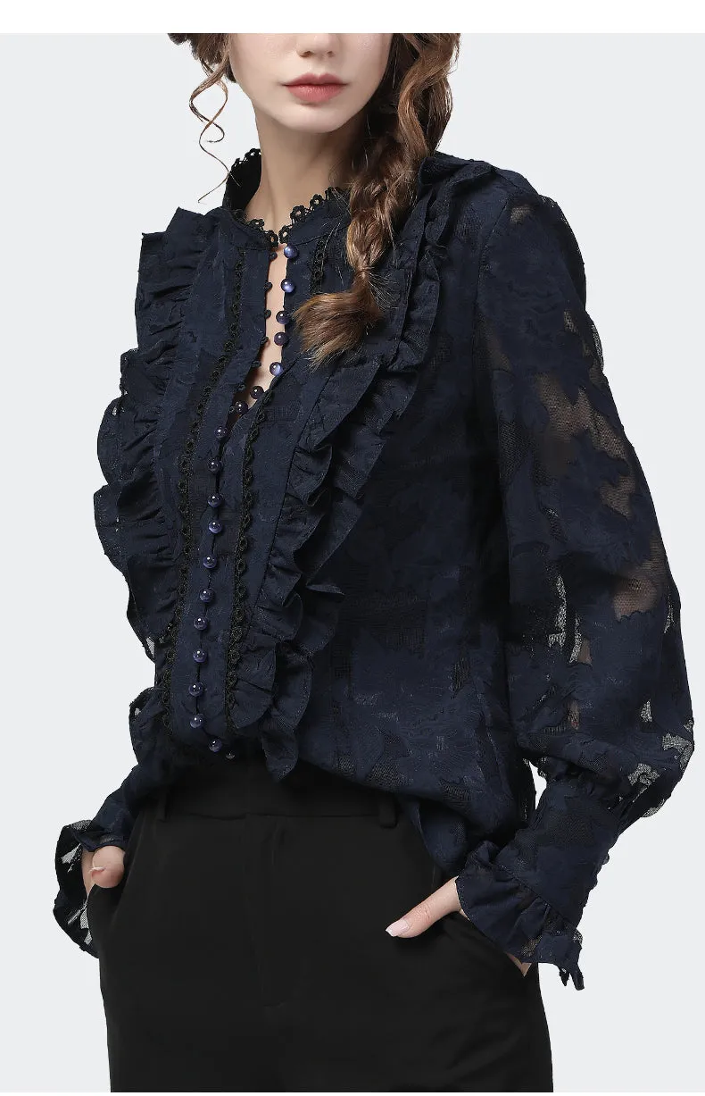 Wjczt Flared Sleeve Lace Tops Women Autumn New Fashion Long Sleeved Ruffles Mesh Shirts Loose Plus Size Female Causal Office Blouses