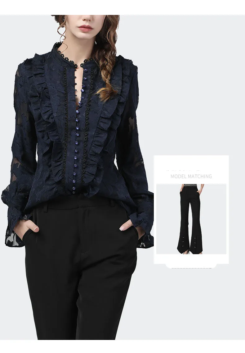 Wjczt Flared Sleeve Lace Tops Women Autumn New Fashion Long Sleeved Ruffles Mesh Shirts Loose Plus Size Female Causal Office Blouses
