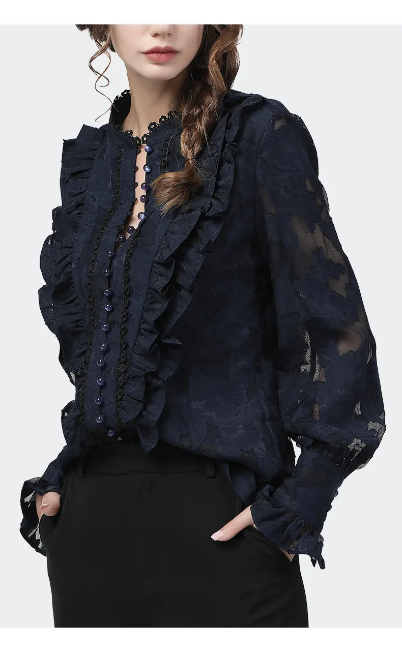 Wjczt Flared Sleeve Lace Tops Women Autumn New Fashion Long Sleeved Ruffles Mesh Shirts Loose Plus Size Female Causal Office Blouses