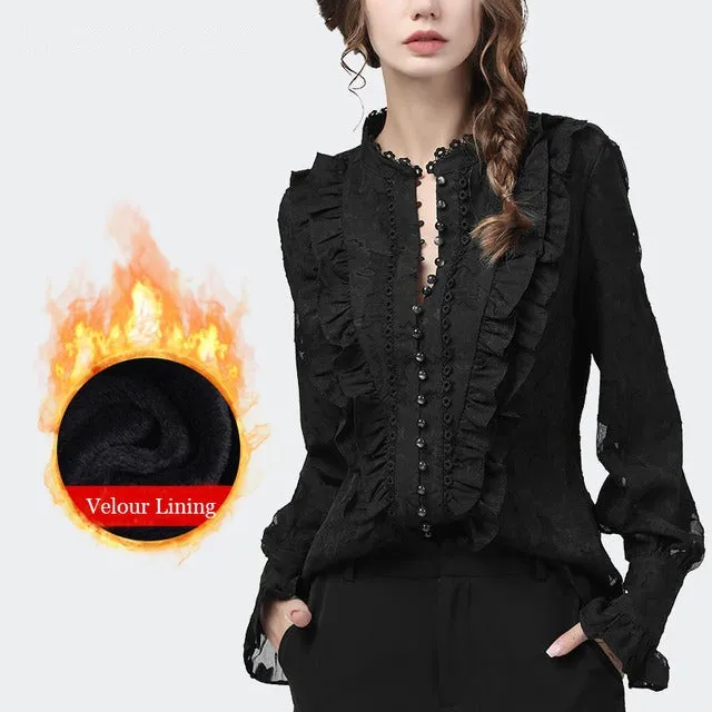 Wjczt Flared Sleeve Lace Tops Women Autumn New Fashion Long Sleeved Ruffles Mesh Shirts Loose Plus Size Female Causal Office Blouses