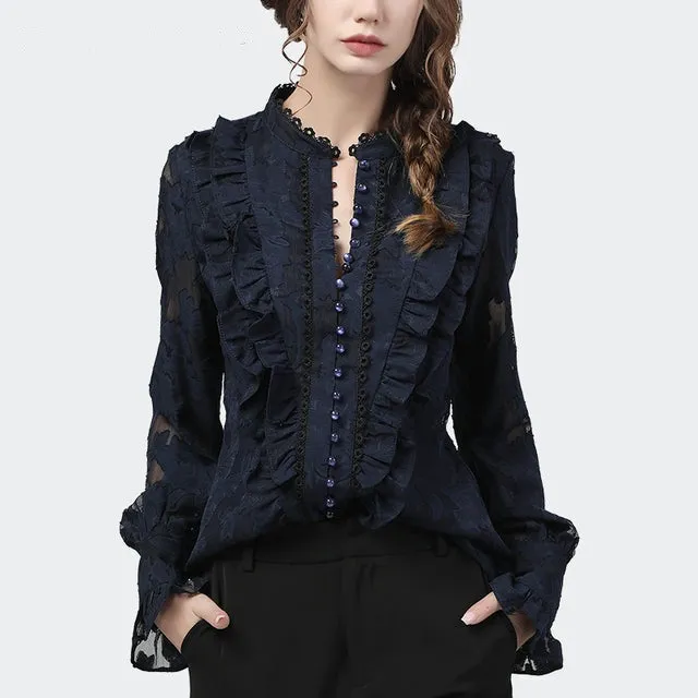 Wjczt Flared Sleeve Lace Tops Women Autumn New Fashion Long Sleeved Ruffles Mesh Shirts Loose Plus Size Female Causal Office Blouses