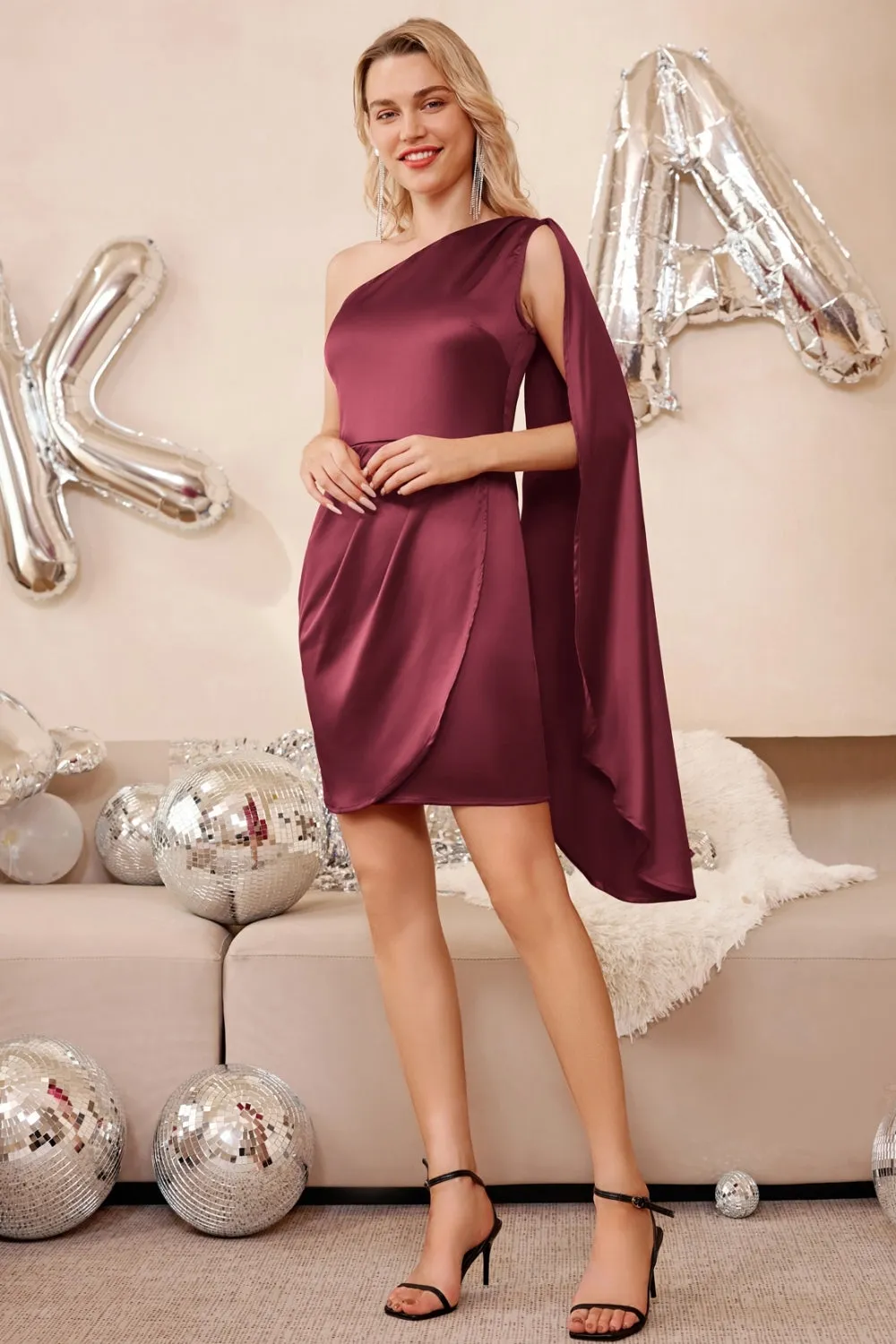 Women Wrap Hem Party Dress Asymmetric One-Shoulder Mid-Thigh Bodycon Dress