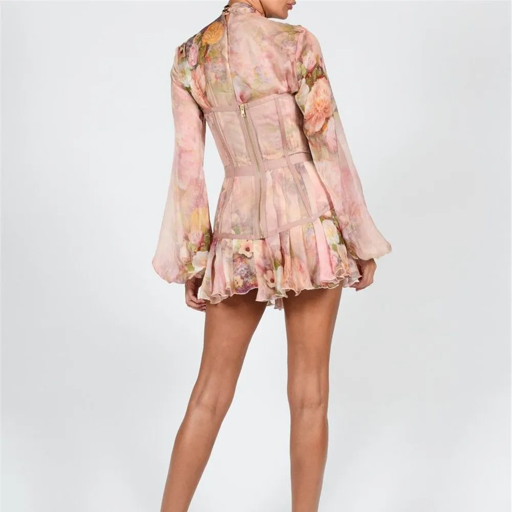 Women's Printed Chiffon Slim Dress Women's Long Sleeve Gauze Lace Floral Dress Female Print Autumn Elegant Fashion Sweet Casual