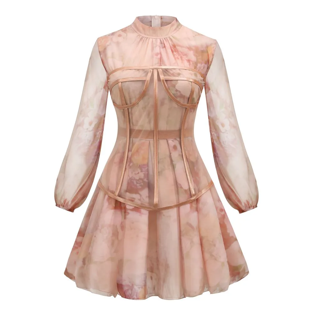 Women's Printed Chiffon Slim Dress Women's Long Sleeve Gauze Lace Floral Dress Female Print Autumn Elegant Fashion Sweet Casual